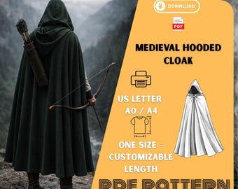 Medieval Hooded Cloak Pattern Long Cape Sewing Template Fantasy Cosplay Cloak PDF