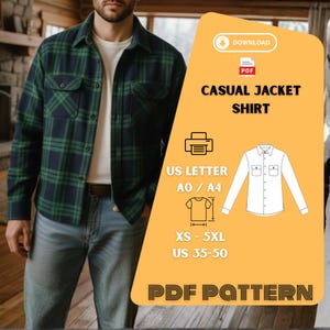 Patrón PDF de chaqueta de camisa informal para hombre, camisa de franela, talla XS 5X