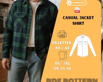 Mens Casual Shirt Jacket PDF Pattern Flannel Overshirt XS 5X