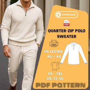 Mens Quarter Zip Sweater Sewing Pattern PDF | Modern Polo Pullover Digital Download | XS–5XL Printable A0 US Letter Casual Luxe