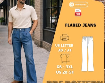 Mens Flared Denim Jeans Pattern Wide Leg Retro Pants Sewing PDF