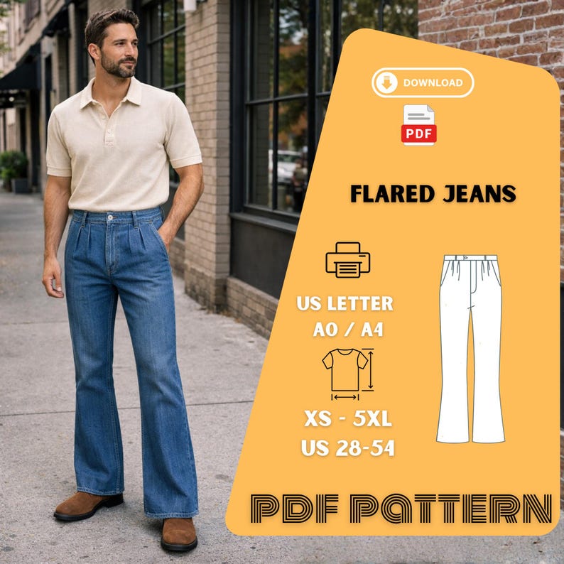 Mens Flared Denim Jeans Pattern Wide Leg Retro Pants Sewing PDF - Etsy