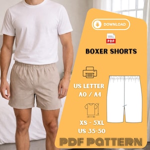 May include: A person wearing a white t-shirt and tan boxer shorts with a small dot pattern. The image includes a graphic with the text "BOXER SHORTS", "US LETTER", "XS - 5XL", and "US 35-50". The graphic also includes a download icon.