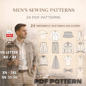 May include: Image of a PDF pattern set for men's clothing. The image includes 24 different patterns, with sizes ranging from XS to 5XL and US sizes 35-50. The text also indicates the patterns are available in US Letter and A0/A4 formats.