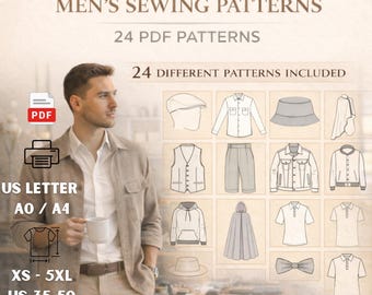 Men’s PDF Sewing Patterns Bundle – 24 Digital Designs, Shirts, Jackets, Pants, Cape & More