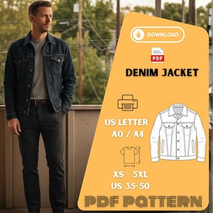 Może przedstawiać: Granatowa kurtka dżinsowa. Obraz zawiera również wzór PDF kurtki dżinsowej z tekstem "DENIM JACKET" i informacjami o rozmiarze. Wzór jest dostępny w rozmiarach XS-5XL i rozmiarach US 35-50.