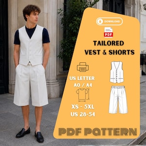 Puede incluir: Una persona con chaleco y pantalones cortos color crema. La imagen incluye un gráfico con el texto "TAILORED VEST & SHORTS" e información de tallas. El patrón PDF está disponible en tallas XS-5XL y US 28-54.
