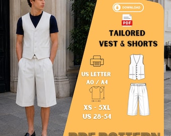 Cartamodello PDF per gilet e pantaloncini minimalisti su misura, taglie dalla XS alla 5XL.