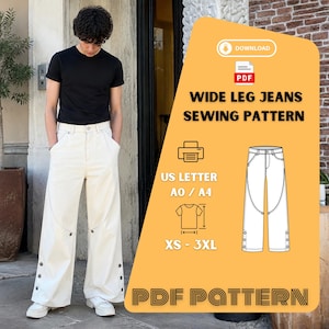 Op de afbeelding: Een digitaal naaipatroon voor een wijde spijkerbroek, met een PDF-downloadpictogram, de tekst WIDE LEG JEANS SEWING PATTERN, US LETTER, A0 / A4, XS - 3XL en PDF PATTERN, naast een technische lijntekening van de broek en een t-shirtpictogram.