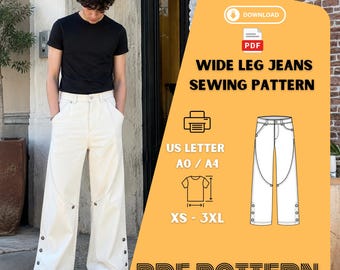 Cartamodello PDF per jeans a gamba larga, taglie dalla XS alla 3XL, stampabile e scaricabile digitalmente.
