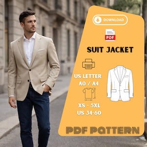 Op de afbeelding: Een man in een beige colbert, wit overhemd en blauwe jeans. De afbeelding bevat een grafiek met de tekst "SUIT JACKET", "PDF PATTERN", en maten: XS-5XL, US 34-60.