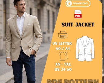 Modern Men's Blazer Sewing Pattern PDF – Tailored Suit Jacket A0 A4 US Letter