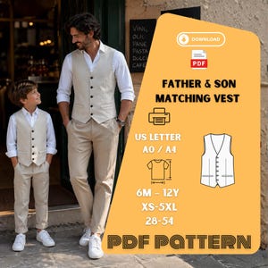 Puede incluir: Un padre y su hijo con chalecos beige a juego, camisas blancas y pantalones color caqui. La imagen incluye un gráfico con el texto "FATHER & SON MATCHING VEST" y detalles de tallas para el patrón.