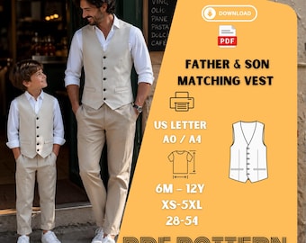 Patrón de costura en PDF para chaleco a juego de lino beige para padre e hijo. Tallas: XS, 5XL, niños de 6 meses a 12 años.