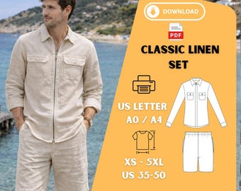 Mens Linen Shirt Shorts Set Pattern, Minimalist Summer Outfit Sewing PDF Template