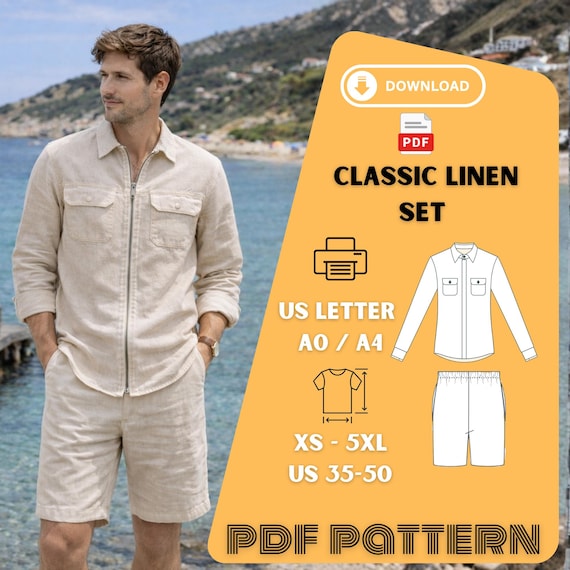 Mens Linen Shirt Shorts Set Pattern, Minimalist Summer Outfit Sewing PDF Template