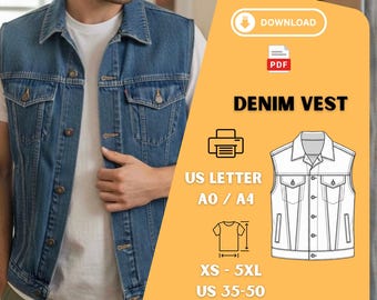 Men’s Denim Vest Sewing Pattern PDF – Classic Button-Up Vest Template, XS–5XL Printable Sizes