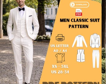 Mens Classic Suit Sewing Pattern Formal Tuxedo Jacket Vest Pants Bow Template