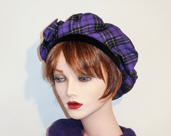Ladies Purple and Gold Tartan Beret, Beret with Bow Detail ©