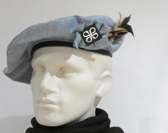 Men's Blue Wool Celtic Beret, Scottish Tam with Feathers