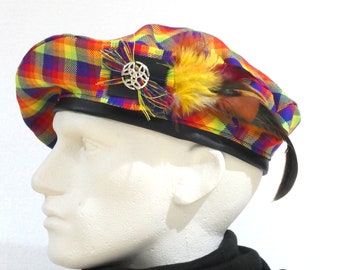 Rainbow Tartan Beret with Celtic Style Feather Pin ©