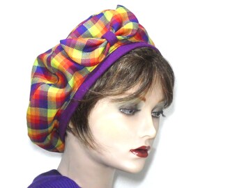 Ladies Fashion Beret in Bright Rainbow Tartan Fabric ©
