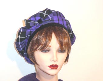 Ladies Purple Tartan Beret, Beret with Bow Detail ©