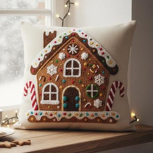 Könnte beinhalten: Ein cremefarbenes Kissen mit einem Lebkuchenhaus-Design. Das Kissen zeigt ein braunes Haus mit weißen Zuckergussdetails, Zuckerstangen-Akzenten und einem weißen Hintergrund. Eine Tasse Kaffee und Lebkuchenkekse liegen auf einer Holzfensterbank.