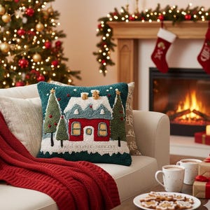 Patrón de funda de cojín navideña con aguja perforadora, funda de almohada navideña con bordado a máquina, regalo de bordado DIY para ella, crea el tuyo propio