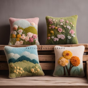 春の風景の花柄のパンチニードルパターン、枕カバー4枚セット、ハンドタフト刺繍テンプレート、彼女へのDIYギフト、クッションカバー