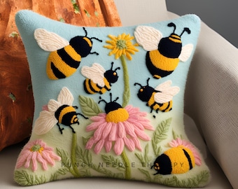 Spring Flower Bumble Bee Motif Punch Needle Pattern, DIY Pillow Case, Hand Tufted Embroidery Template, Needlepoint Stitch Cushion Cover