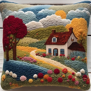 Kissenbezug Punch Needle Stickerei, pastoral Herbst Erdtöne Blumenkissen, französisches Landhaus Dekor, Herbstlandschaft Kissenbezug