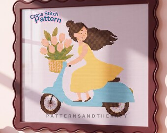 Girl Flowers Cross Stitch Chart Pattern Template PDF