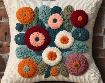 Cushion Cover Punch Needle Pattern, DIY Pillow Case Craft, Hand Tufted Embroidery Scenery Template, French Cottage Floral Filled Full Bloom