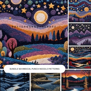 Op de afbeelding: Een set van 10 punch needle patronen met grillige landschappen met sterrenhemels, bergen en rivieren. De patronen zijn getiteld "Bundle Whimsical Punch Needle Patterns" en zijn perfect voor het creëren van gezellige en unieke wandkunst.