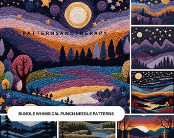 Whimsical Mountain Wall Art Punch Needle Embroidery Pattern, Night Sky Star Wall Decor, DIY Gift for Her, Hand Tufted Wall Hanging Template
