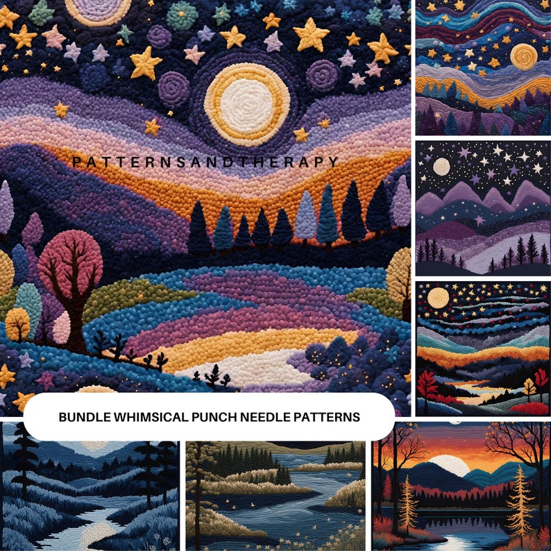 Whimsical Mountain Wall Art Punch Needle Embroidery Pattern, Night Sky ...