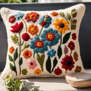 Könnte beinhalten: Ein weißes Kissen mit bunten gestickten Blumen. Die Blumen sind in Rot-, Orange-, Gelb-, Blau- und Grüntönen gehalten. Das Kissen ist aus einem weichen, flauschigen Material gefertigt.