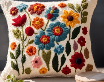 Pillow Case Punch Needle Pattern, DIY Cushion Cover Craft, Hand Tufted Template, Floral Filled Grand Millennial Pillow, French Cottagecore