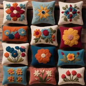 May include: A collection of 12 colorful floral throw pillows with various flower designs, including sunflowers, daisies, and other blooms. The pillows are made with a punch needle technique, creating a textured and raised effect. The pillows are arranged in a grid pattern on a wooden surface.