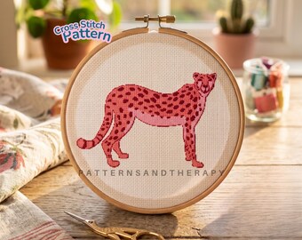 Pink Cheetah Cross Stitch Chart Pattern: Animal Motif PDF Template