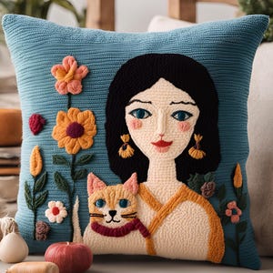 Patrón de funda de almohada con retrato de gato y mujer, plantilla de mechones para manualidades, bordado con aguja, arte de punto de cruz