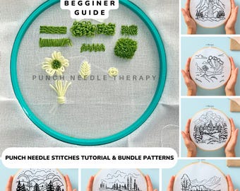 Punch Needle Tutorial Kit, Beginner Hand Tufted Embroidery Guide, Learn How to Punch Needle Stitch, DIY Mug Rug Coaster Pattern Template