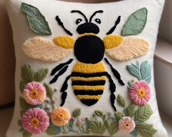 Spring Floral Bumble Bee Motif Punch Needle Pattern, DIY Pillow Case, Hand Tufted Embroidery Template, Needlepoint Stitch Cushion Cover