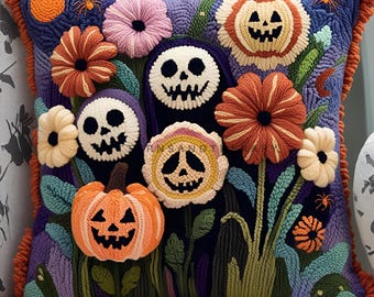 Halloween Dark Gothic Spooky Flowers Punch Needle Cushion Pattern, Creepy Cute Spoopy Pumpkin Motif Pillow, DIY Occult Dark Academia Decor