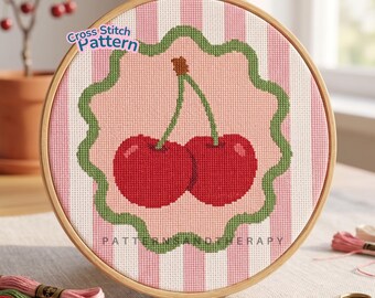 Cherry Cross Stitch Chart Pattern: Retro Stripe Motif PDF Template