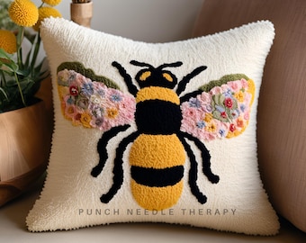 Spring Bumble Bee Punch Needle Pattern, DIY Pillow Case, Hand Tufted Embroidery Template, Needlepoint Cross Stitch Stick Cushion Cover