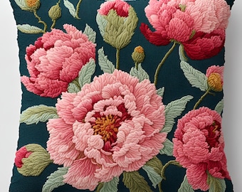 Peony Flower Motif Punch Needle Embroidery Pattern Template, Cottagecore Floral Cushion, Vintage French Cottage , DIY Gift Full Bloom Pillow