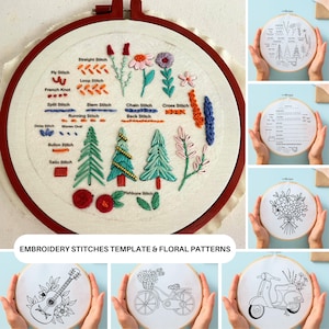 印刷可能な花柄フープ刺繍パターンテンプレート、洗い流しスティック＆ステッチPDF、ニードルクラフトプロジェクト、刺繍ステッチチュートリアル