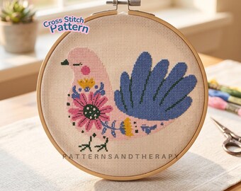 Floral Bird Cross Stitch Chart Pattern: Scandinavian Motif PDF Template